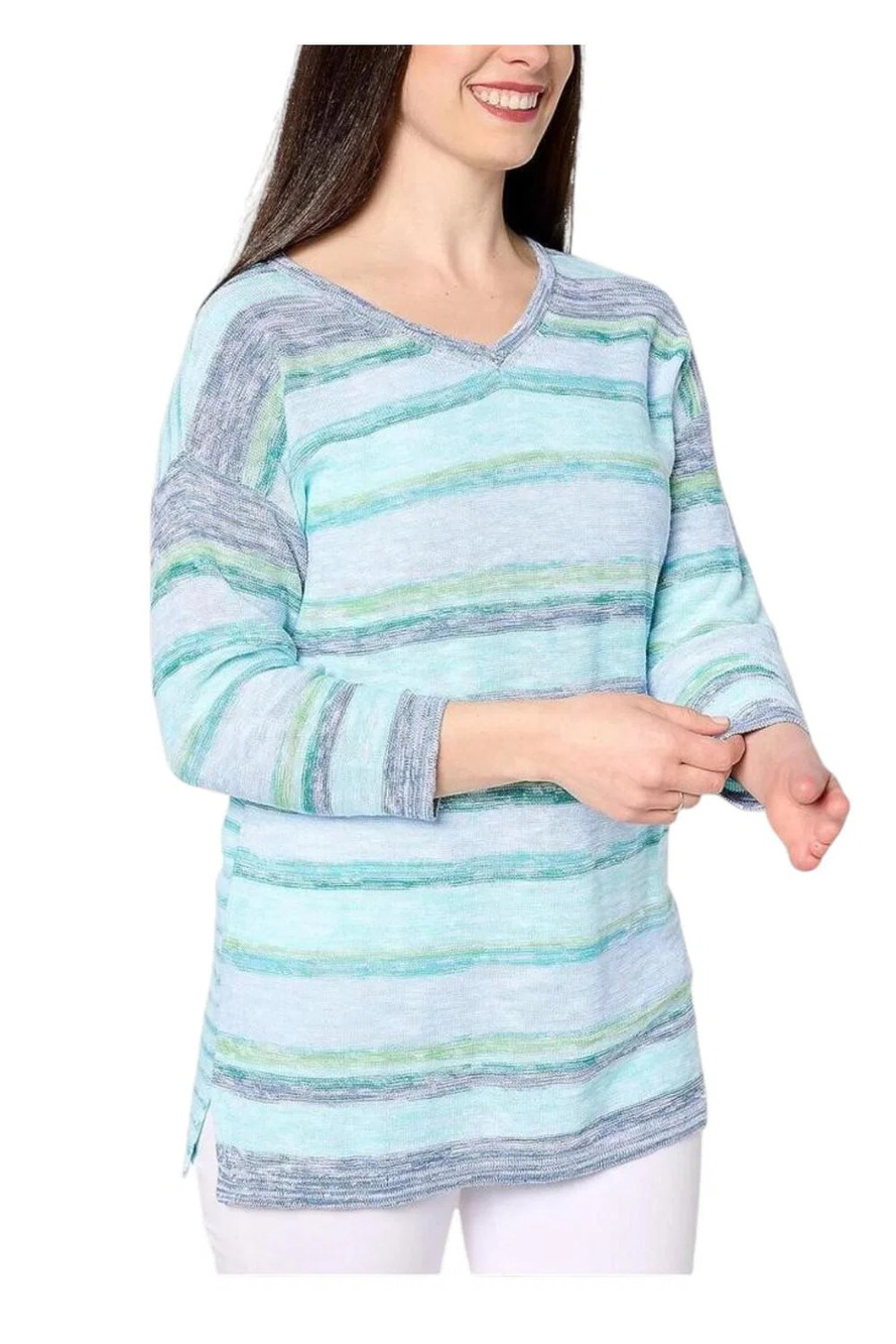 Denim & Co. Women's Striped V-Neck 3/4 Sleeve Sweater Blue Multi - Regular